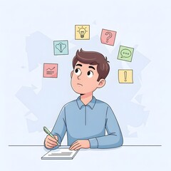 Young man deeply engrossed in a creative thinking process, surrounded by visual ideas and questions, symbolizing problem-solving, innovation, and strategic planning