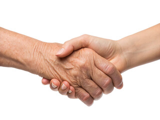 Two hands shaking, one older and one younger, symbolizing connection, agreement, or mutual understanding.