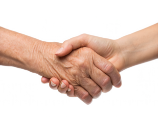 Two hands shaking, one older and one younger, symbolizing connection, agreement, or mutual understanding.