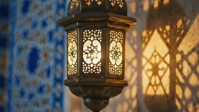 An ornate metal lantern casts a warm, golden glow, creating intricate shadow patterns on a textured wall. In the background, beautiful blue and white geometric tiles add to the traditional, atmospheri