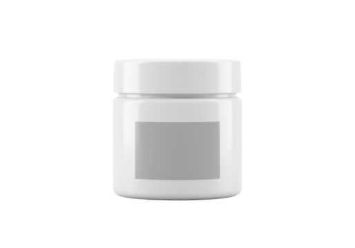 Sleek white opaque cylindrical plastic jar with a screw-top lid and a blank grey label, presented on a pristine seamless transparent background with clean copy space, concept for product branding - Powered by Adobe