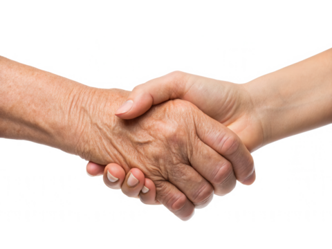Two hands shaking, one older and one younger, symbolizing connection, agreement, or mutual understanding.