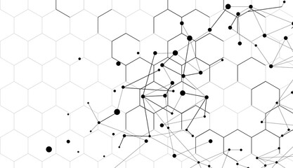 Connected web black dots, global data concept, black and white hexagons background, network business connection with global data, cloud technology, AI