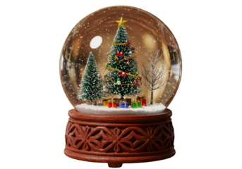 A pristine glass snow globe containing a miniature Christmas tree with red/gold ornaments, snow-laden forest, and presents on a carved wooden base, soft bokeh background, nostalgic christmas