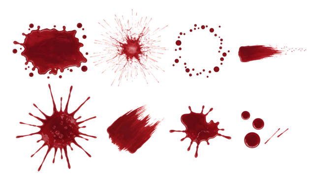 Set of dark red blood spatters shows various spray paint marks