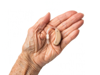 A hand holds a hearing aid, showcasing its design and features.
