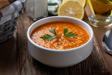 Traditional delicious Turkish soup; Turkish name; Tarhana or Ezogelin corbasi