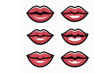 Obraz premium Six red lips illustrations in various open and closed positions mouth female.