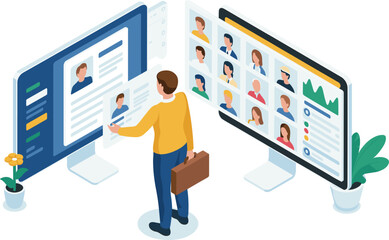 Isometric business illustration of online recruitment process, digital resume review, candidate selection, and virtual hiring system for modern HR management