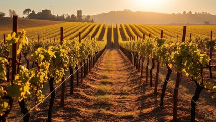 Fototapeta premium Afternoon light falling softly over a vineyard, golden hues reflecting from the soil and vines, highlighting the rhythm of the rows. Generative AI