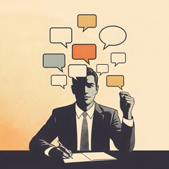 Illustration of a businessman writing with thought bubbles floating above his head representing communication and ideas