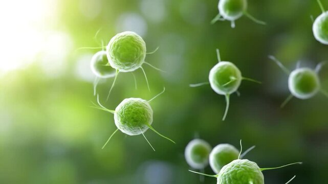 Microscopic green cells with flagella floating against a blurred natural background with bright sunlight