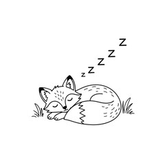 A peaceful fox sleeping curled up in grass, with gentle z's indicating deep slumber in nature