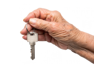 A hand holding a key on a keyring, showcasing the details of the metal key and the texture of the skin.