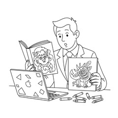 An amazed father or teacher proudly displays a child's creative monster drawings from a coloring book while at a desk with a laptop