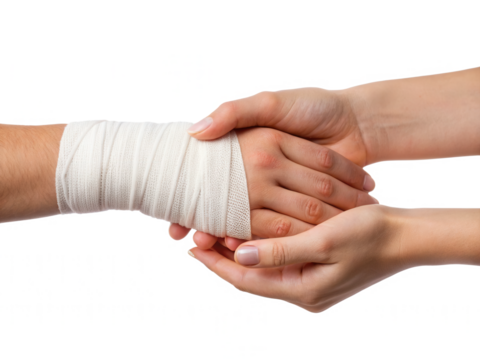 A bandaged hand reaches out to grasp another hand, symbolizing support and care in times of healing.