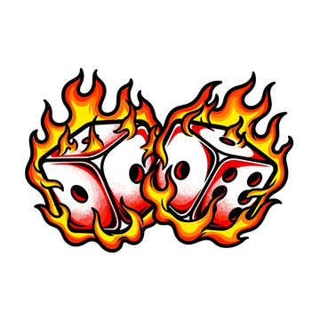 Two white dice engulfed in vibrant orange and yellow flames, creating a dynamic and fiery composition.