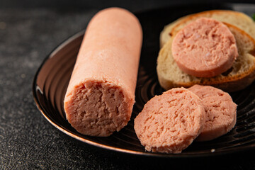 Sausage spread sandwich pork spread natural product tasty snack fresh delicious gourmet food background on the table rustic top view copy space