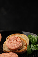 Sausage spread sandwich pork spread natural product tasty snack fresh delicious gourmet food background on the table rustic top view copy space