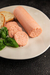 Sausage spread sandwich pork spread natural product tasty snack fresh delicious gourmet food background on the table rustic top view copy space