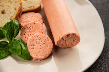 Sausage spread sandwich pork spread natural product tasty snack fresh delicious gourmet food background on the table rustic top view copy space
