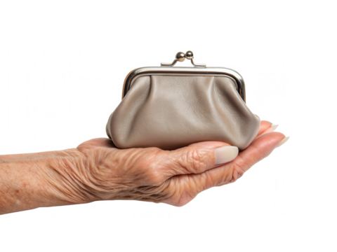 A hand holding a small, elegant, light-colored leather coin purse with a clasp closure.
