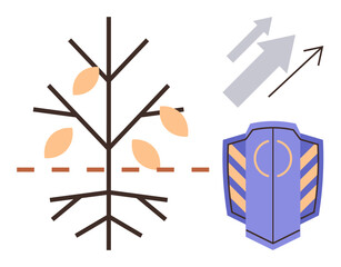 Tree branches with leaves, a protective shield, and upward arrows. Ideal for growth, security, sustainability, progress, protection resilience development. Simple flat metaphor