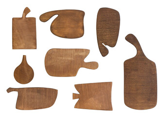 Group of wooden pizza or bread cutting board.  Rustic kitchen chopping boards collection