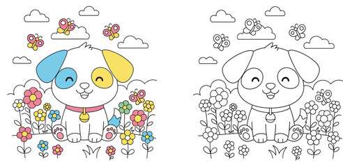 Obraz premium Adorable Puppy in a Flower Garden Coloring Page for Kids - Cute Animal Illustration with Butterflies