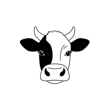 Black and white cow face illustration with expressive eyes and distinct features on a plain background