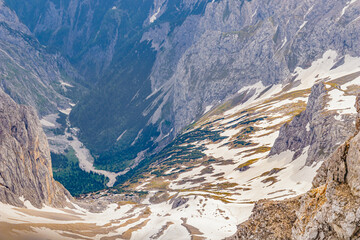 Valley in the European Alps from the top of Zugspitze on a sunny summer day