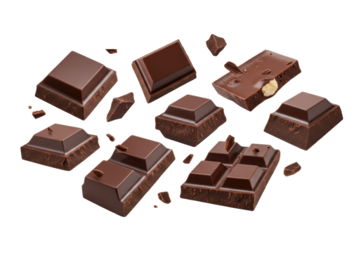 Dark chocolate pieces, including smooth squares and broken chunks with rich cocoa color, suspended mid-air against a transparent studio background with copy space, concept for premium