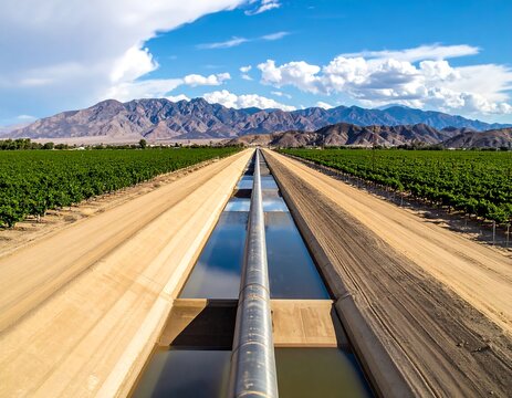 Aerial view of a canal surrounded by trees, mountains, and a blue sky with clouds
