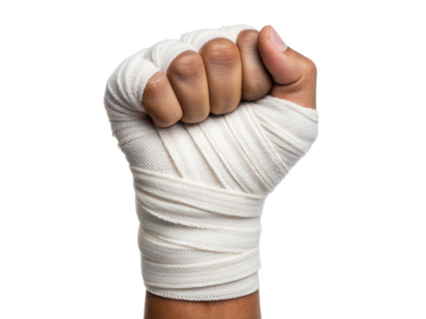 A tightly wrapped fist, bandaged in white, symbolizing strength and resilience.