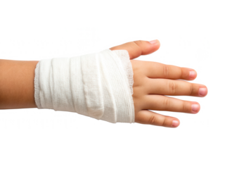 A bandaged hand wrapped in white gauze, indicating care or injury.