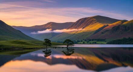 Two trees standing on a rocky shore with a calm lake in the foreground and a mountain range in the background at sunset.