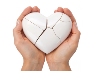 A pair of hands cradles a cracked white heart, symbolizing vulnerability and emotional pain.