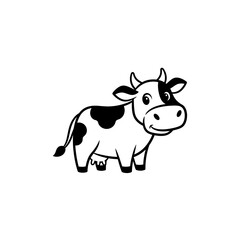 Cartoon cow with a cheerful expression standing on a white background, ideal for children's illustrations