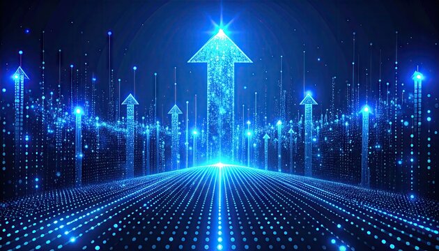 Futuristic Digital Landscape Glowing Blue Arrows Symbolizing Growth.