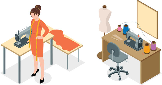 Isometric illustration of fashion designer working with sewing machine, fabric cutting, dressmaking tools, and tailoring workspace for garment creation