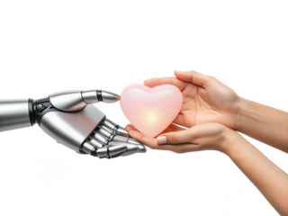 A robotic hand offers a glowing heart to a human hand, symbolizing the connection between technology and emotion.