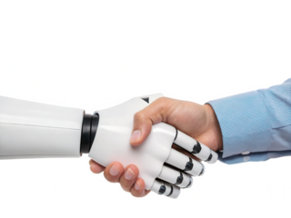 A human hand shakes hands with a robotic arm, symbolizing the collaboration between humans and technology.