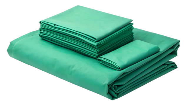 Folded green sterile surgical drape set, isolated on transparent background, soft fabric realism.