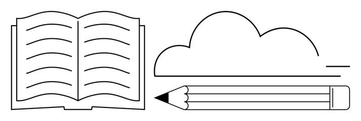 Open book with lines, pencil, and abstract cloud design representing knowledge, creativity, and writing. Ideal for education, creativity, writing, innovation learning imagination and simplicity in