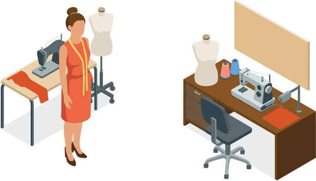 Isometric illustration of fashion designer working with sewing machine, fabric cutting, dressmaking tools, and tailoring workspace for garment creation