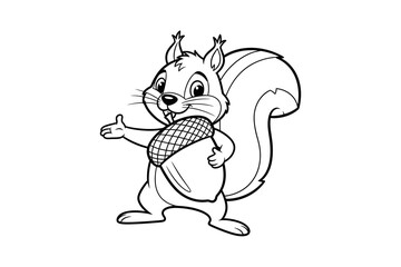 Cheerful cartoon squirrel holding an acorn, showcasing a playful demeanor in a simple, outlined style