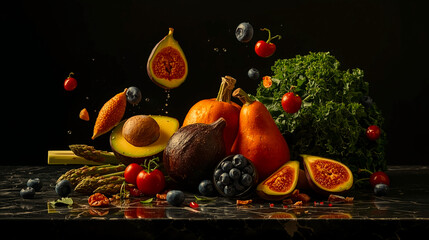 Vibrant Floating Produce: Dramatic Still Life of Superfoods and Falling Berries