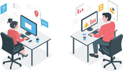 Isometric cloud computing network illustration showing data servers, database storage, email communication, and online data exchange technology concept design