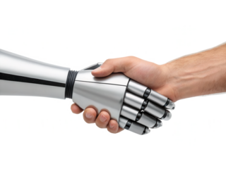A robotic hand grips a human hand in a gesture of connection and cooperation, symbolizing the relationship between technology and humanity.