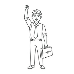 Happy businessman celebrating success with a raised fist while holding a briefcase. Line art vector illustration of a professional achieving a goal
